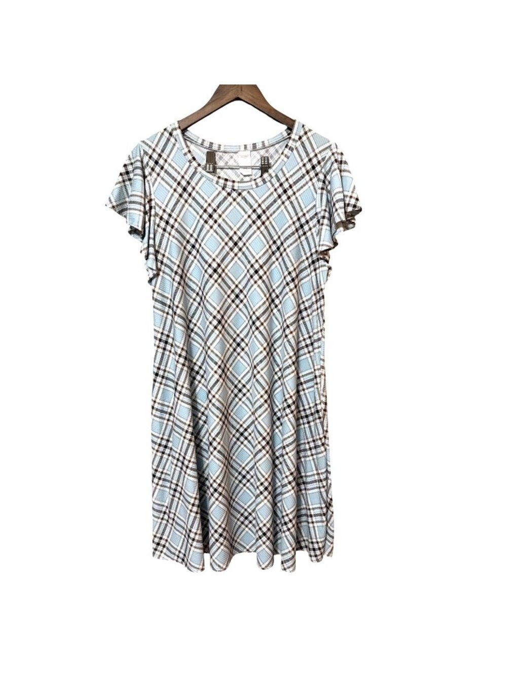 Vtg Plaid Light Blue & Brown A-Line Short Sleeve Dress 1XL Pockets Rockabilly